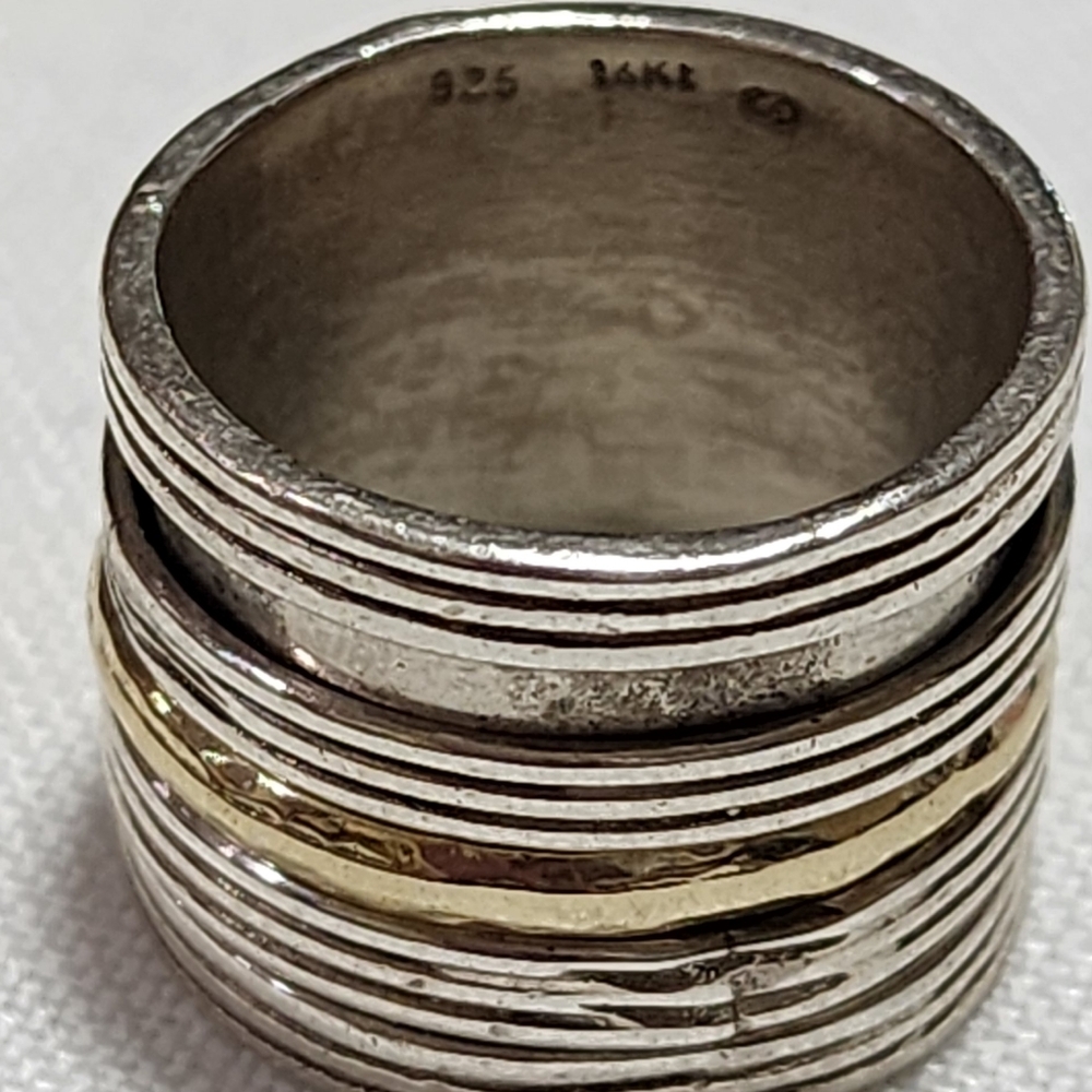 Wide Sterling silver 14K gold spinner ring size 8 - Picture 4 of 10